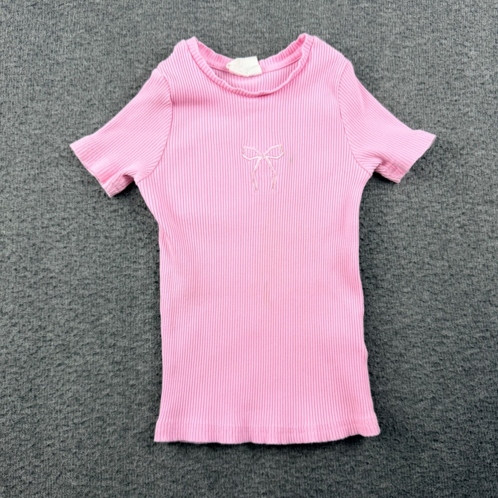 Cotton On Kids Pink Ribbed Short Sleeve Tee Shirt Size 5 Bow Embroidery
